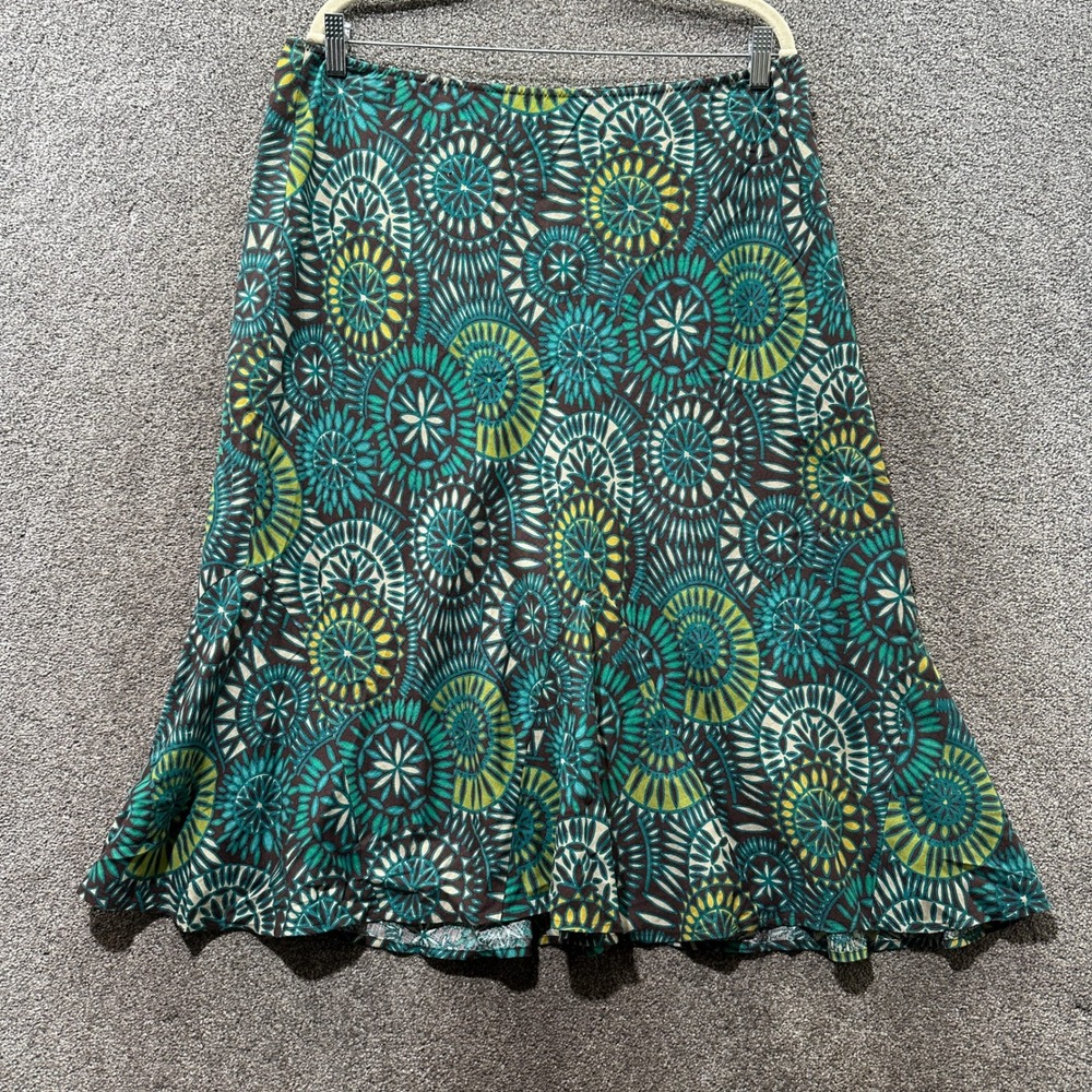 East 5th A Line Midi Skirt 14W Green Medallion Linen Rayon Boho Artsy Lagenlook